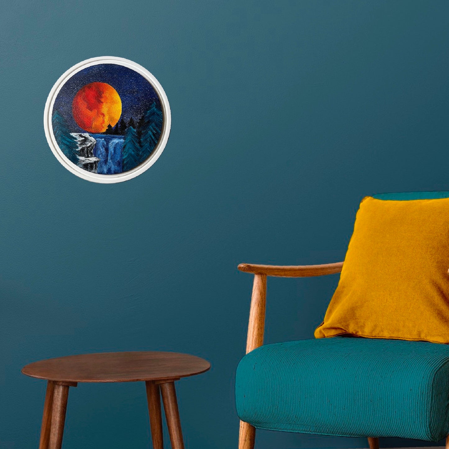 Corian Framed Detailed Acrylic Painting on 12" Round Canvas | Lady in the Moon