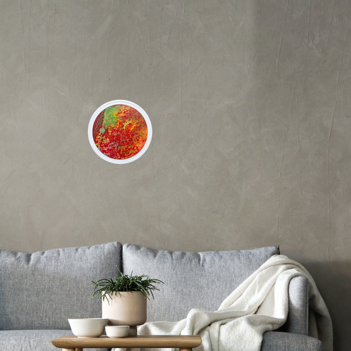 Corian Framed Fluid Abstract Painting on 12" Round Canvas | Spontaneous Red