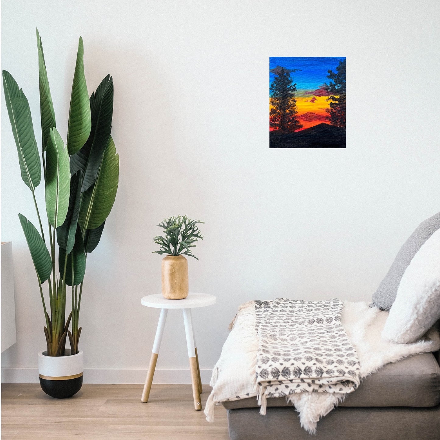 Detailed Acrylic Painting on 12" x 10" Stretched Canvas | Black Tree & Hill