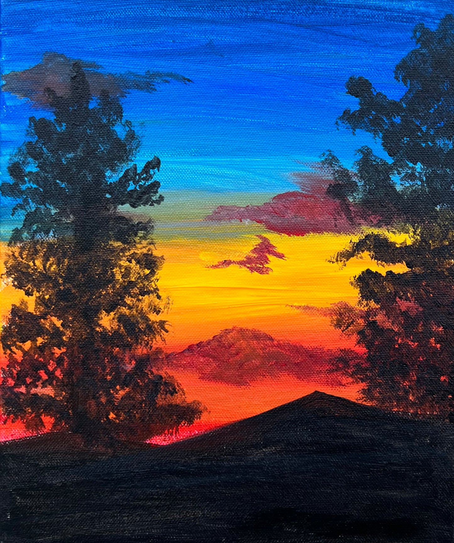 Detailed Acrylic Painting on 12" x 10" Stretched Canvas | Black Tree & Hill