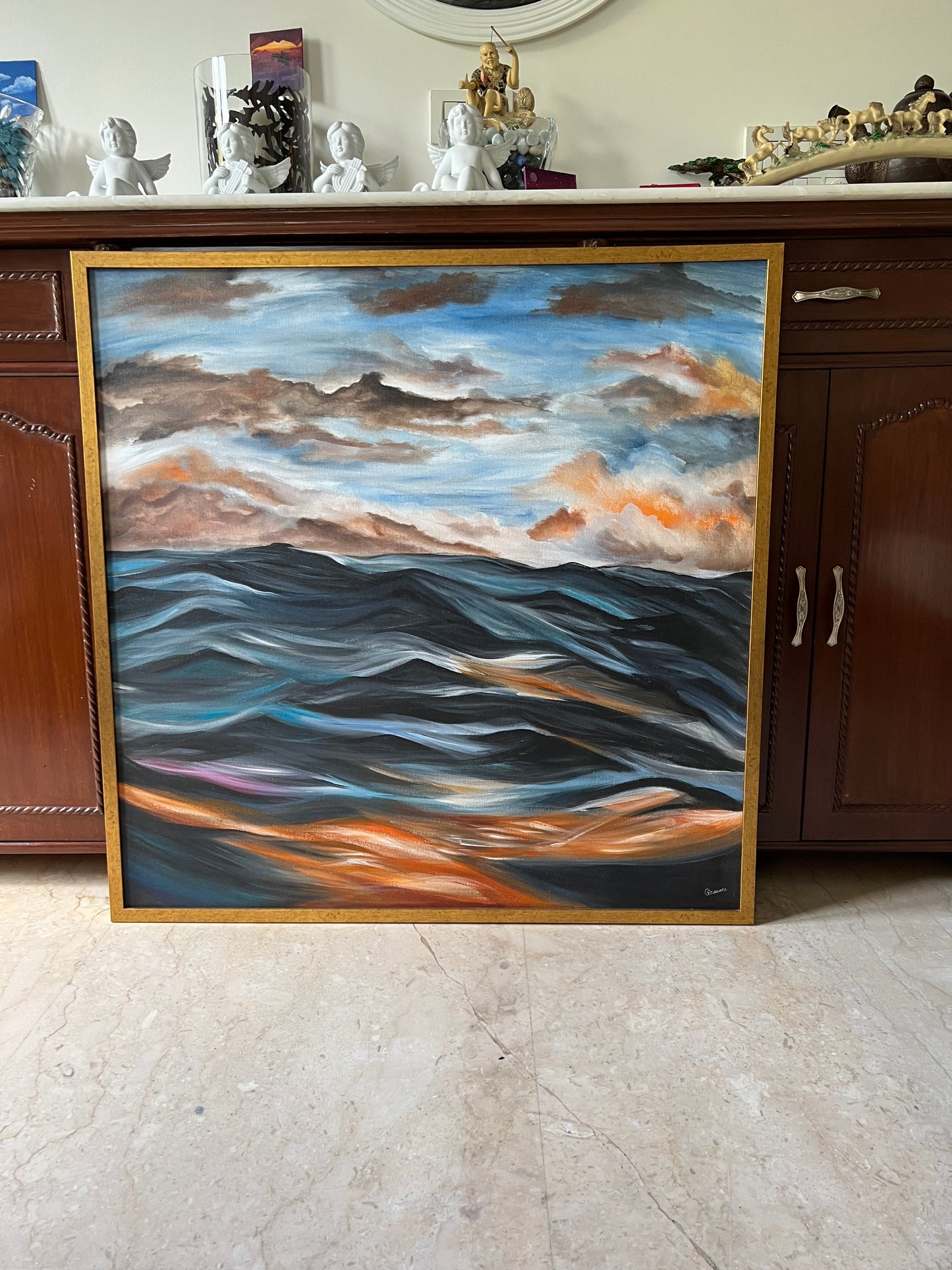 Detailed Framed Acrylic Painting on 30" Square Stretched Canvas | Sea Influenced by Colors