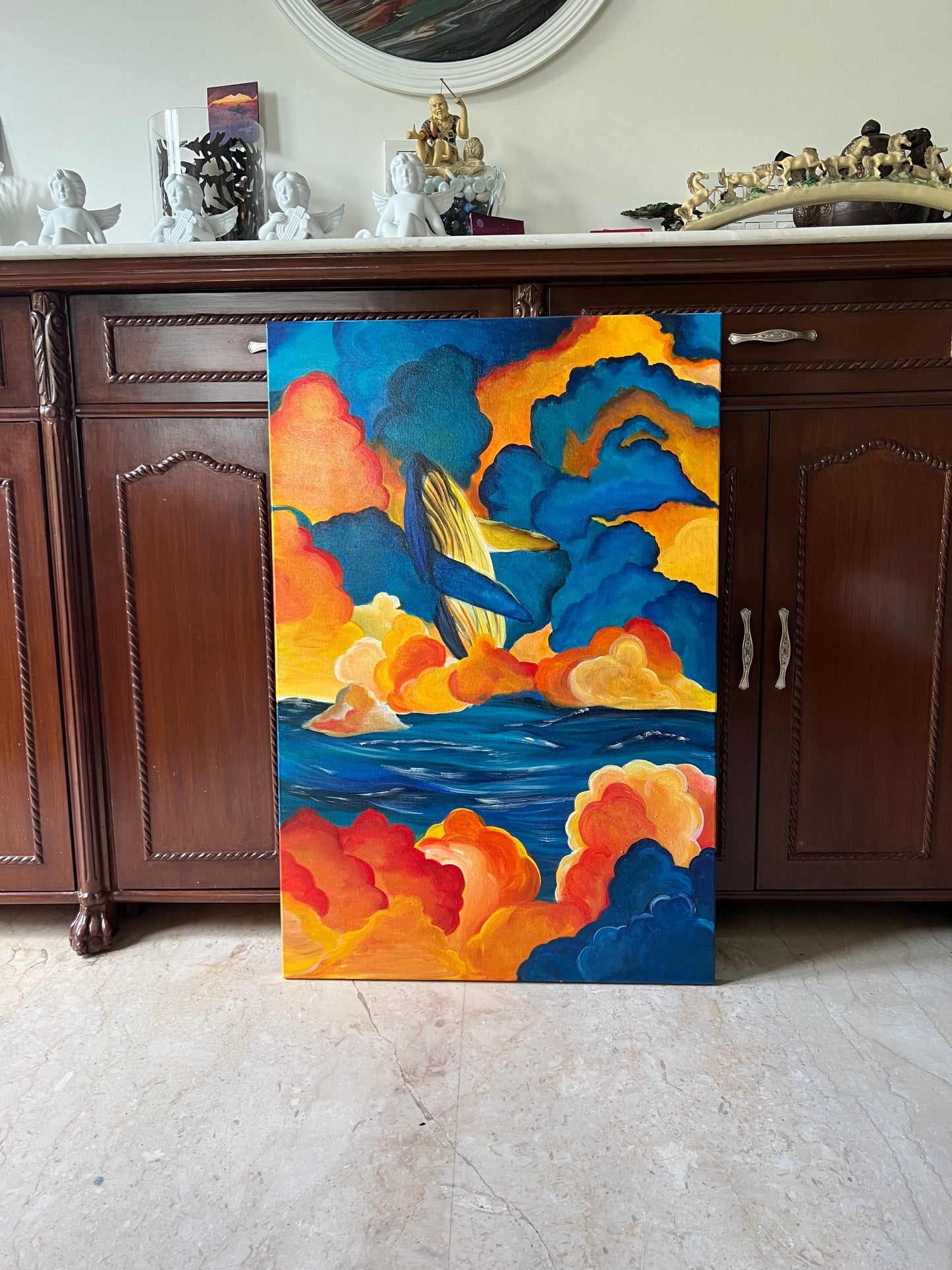 Detailed Acrylic Painting on 36" x 18" Stretched Canvas | Dream of Whale