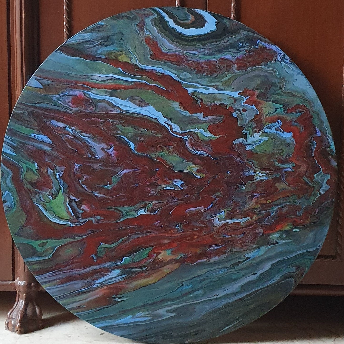 Fluid Abstract Painting on 24" Round Canvas | Battle of Life in Sea