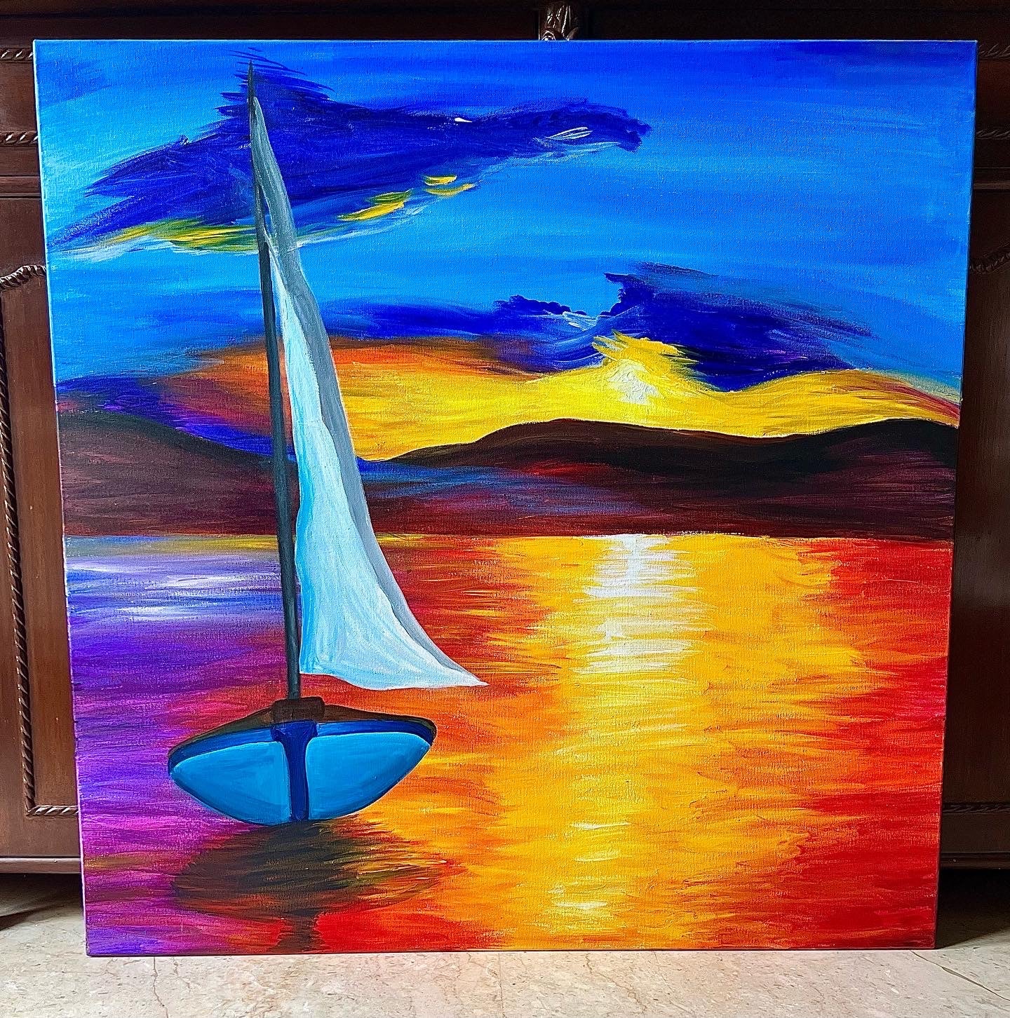 Detailed Acrylic Painting on 36" Square Stretched Canvas | Sailing Through Sunset