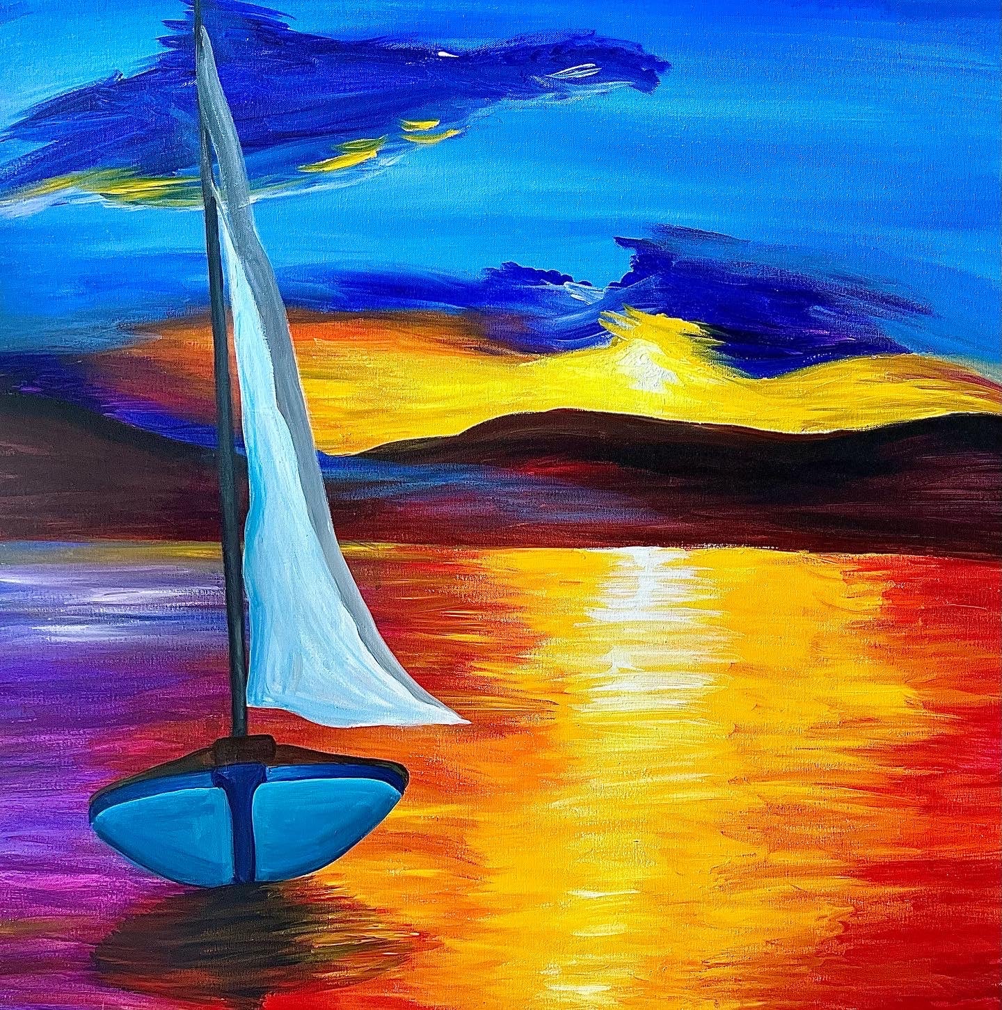 Detailed Acrylic Painting on 36" Square Stretched Canvas | Sailing Through Sunset