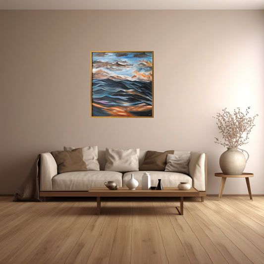 Detailed Framed Acrylic Painting on 30" Square Stretched Canvas | Sea Influenced by Colors
