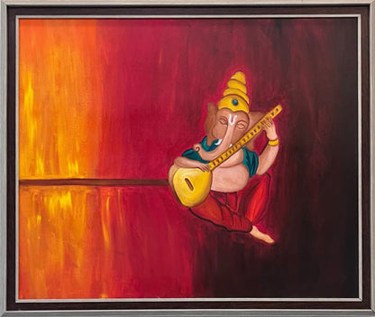 Detailed Framed Acrylic Painting on 30" x 36" Stretched Canvas | Ganesha Sitar