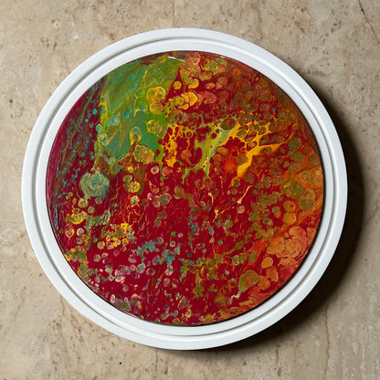 Corian Framed Fluid Abstract Painting on 12" Round Canvas | Spontaneous Red
