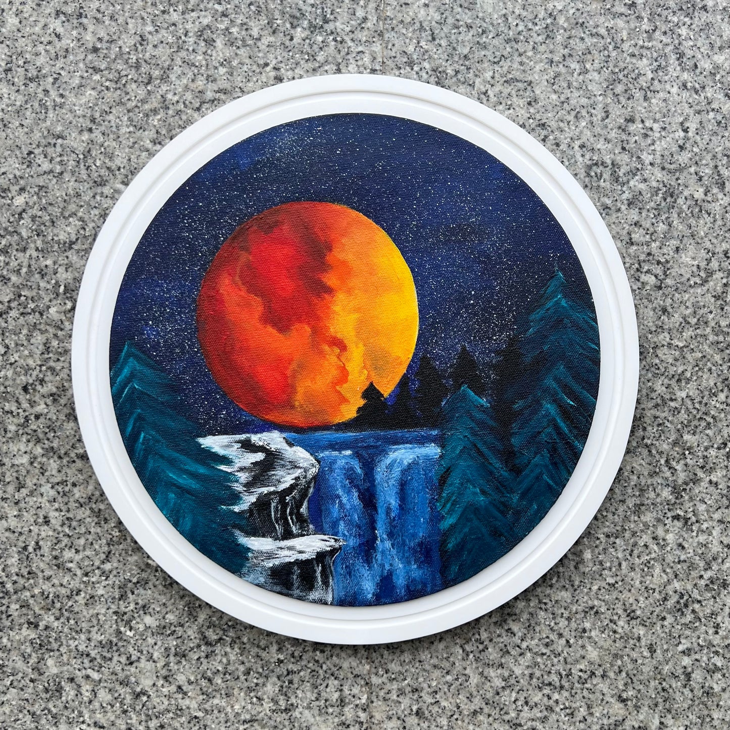 Corian Framed Detailed Acrylic Painting on 12" Round Canvas | Lady in the Moon