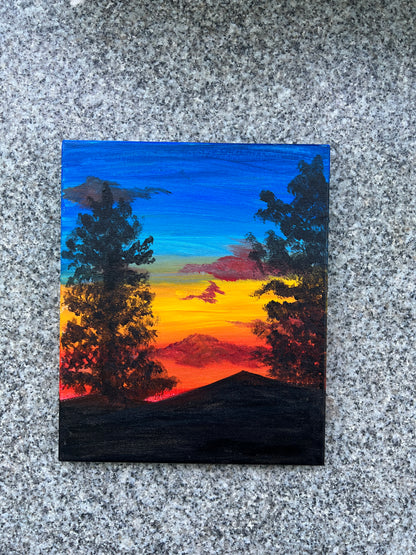 Detailed Acrylic Painting on 12" x 10" Stretched Canvas | Black Tree & Hill