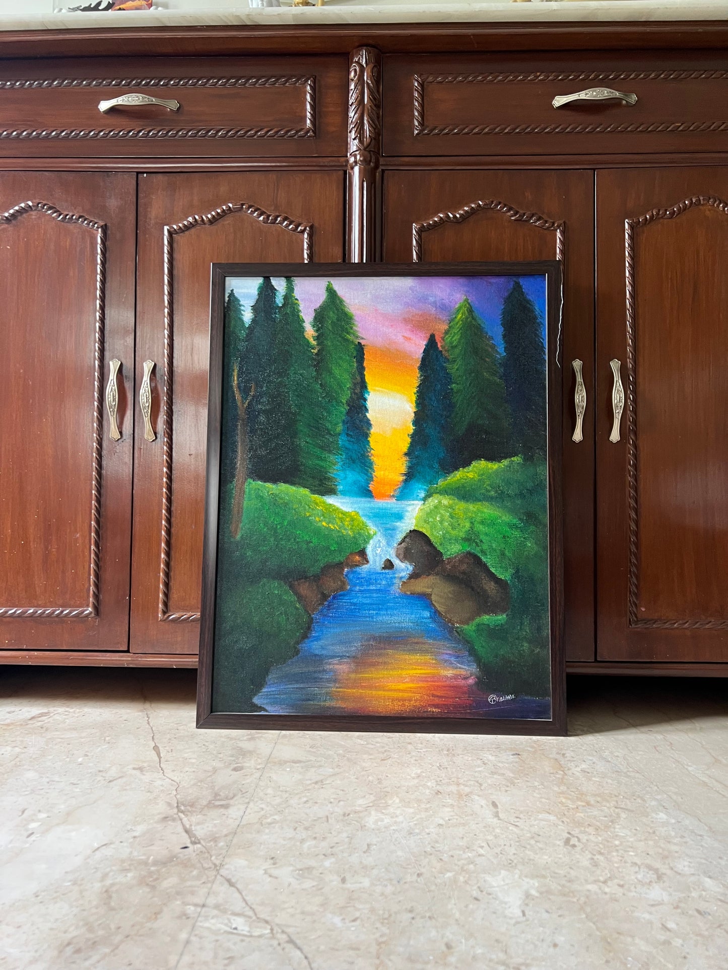 Detailed Framed Acrylic Painting on 24" x 18" Canvas Board | Pleasant Scenery