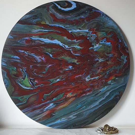 Fluid Abstract Painting on 24" Round Canvas | Battle of Life in Sea