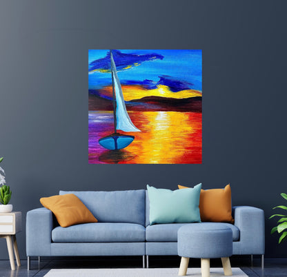 Detailed Acrylic Painting on 36" Square Stretched Canvas | Sailing Through Sunset
