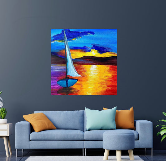 Detailed Acrylic Painting on 36" Square Stretched Canvas | Sailing Through Sunset